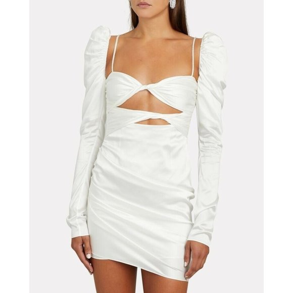 The Bar Twist Dress Ivory White Silk Puff Long Sleeve - Picture 3 of 8
